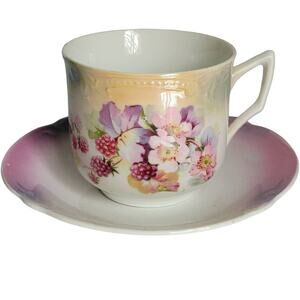 Vintage Wheelock & Co Cup Saucer Germany Flowers Berries Lusterware Cottagecore